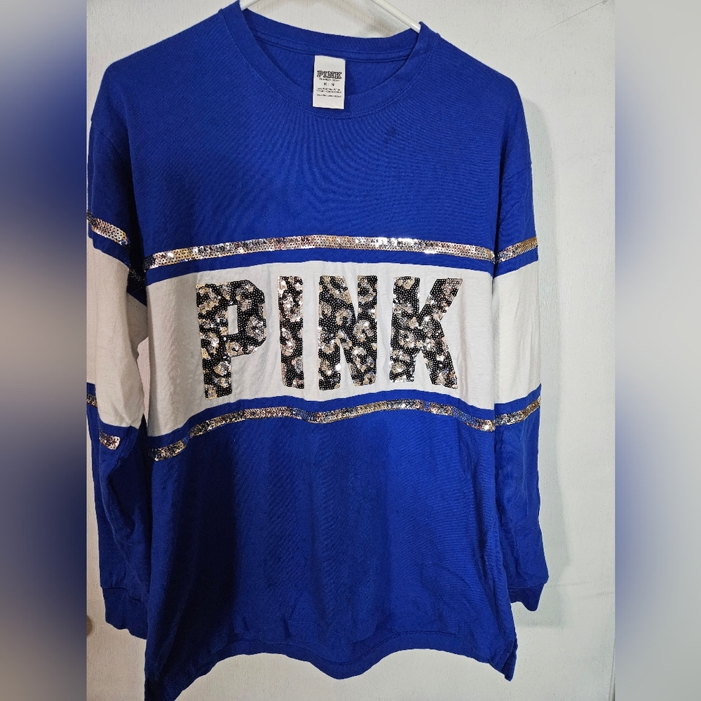 PINK Victoria's Secret Blue and White Long Sleeve Tee